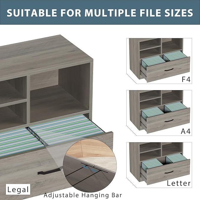 LVB Lateral Wood File Cabinet with Drawer, Farmhouse Printer Filing Cabinet with Storage for Legal Letter A4, Wooden Printer Stand with Hanging File Organizer Shelves for Home Office, 32.7 in, Greige