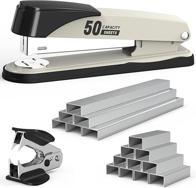 Metal Stapler Heavy Duty 50 Sheet Capacity with 1750 Staples and Staple Remover, Full Strip Staplers for Desk, No Jam, Non-Slip for Office & Classroom, White