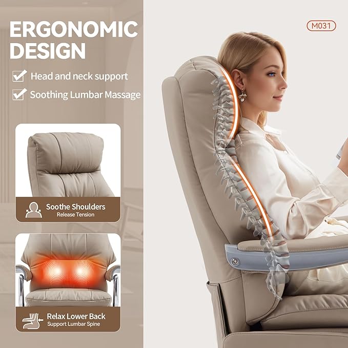 Dual Motor Electric Genuine Leather Executive Office Chair with Foot Rest, Comfortable Reclining Office Chair with Massage, Big and Tall High Back Comfy Ergonomic Home Office Desk Chairs 400lbs, Khaki