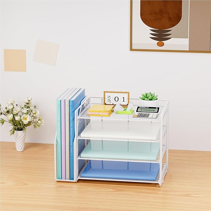 Marbrasse Desk Organizer and Accessories，4-Tier Paper Letter Tray Organizer with File Holder，Desk Accessories & Workspace Desktop Organizers for School Home Office Supplies (White)