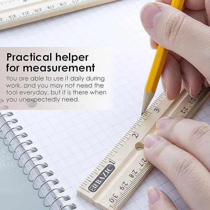 BAZIC Wooden Ruler 12" (30cm), Singel Metal Edge, Inches Centimeter Metric Measuring Drafting Rulers, for Students School Supplies (3/Pack), 24-Packs