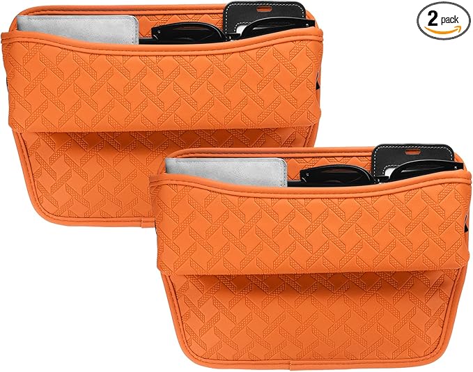 HARFINGTON 2pcs Car Seat Gap Filler Organizer 11.5 x 8 x 2.1 Inch Leather Universal Car Organizer Storage Box Between Seat and Console for Phone Sunglasses Keys, Orange