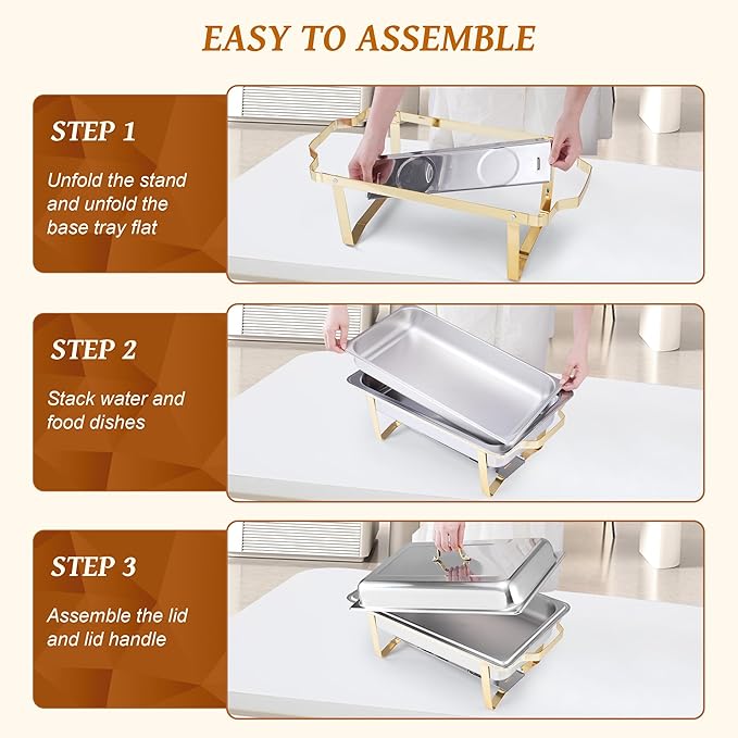 Rengue 9.5QT Chafing Dishes for Buffet, 4 PCS Golden Stainless Steel Chafing Dish Buffet Set, Buffet Servers and Warmers Heating & Cooling Food Warmers for Parties Buffet,Banquets,Weddings,Gatherings
