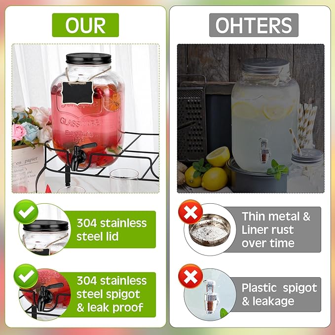 Lallisa 2 Pcs 2 Gallon Glass Drink Dispenser with Stand Ice Cylinder Hanging Chalkboard Signs 18/8 Stainless Steel Spigot Beverage Dispensers for Parties Mason Jar Drink Lemonade (Black Spigot)