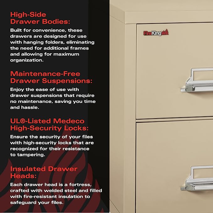 FireKing Vertical 2 Drawer Letter Fire Safe File Cabinet with Key Lock, 1 Hour Fire Rated, UL Rated & Water Resistant Home Safe, Made in The USA, Parchment
