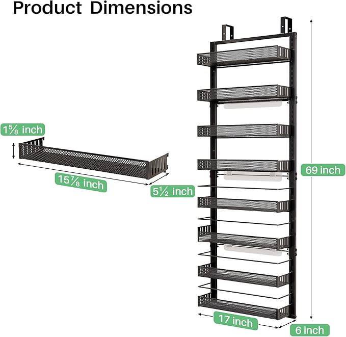 SNTD Over the Door Pantry Organizer - 8 Tier Adjustable Pantry Door Spice Organizer, Large Capacity Hanging Door Spice Rack for Kitchen Pantry Organizers and Storage (Black, 17" W x 6" D x 69" H)