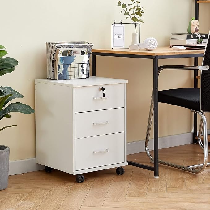 TUKAILAi Mobile File Cabinet with 3 Drawers, Lockable Storage Unit Wooden Rolling Office Filing Cabinet with Wheels, for Legal/Letter/A4 Sized Documents Home Office (White 2PCS)