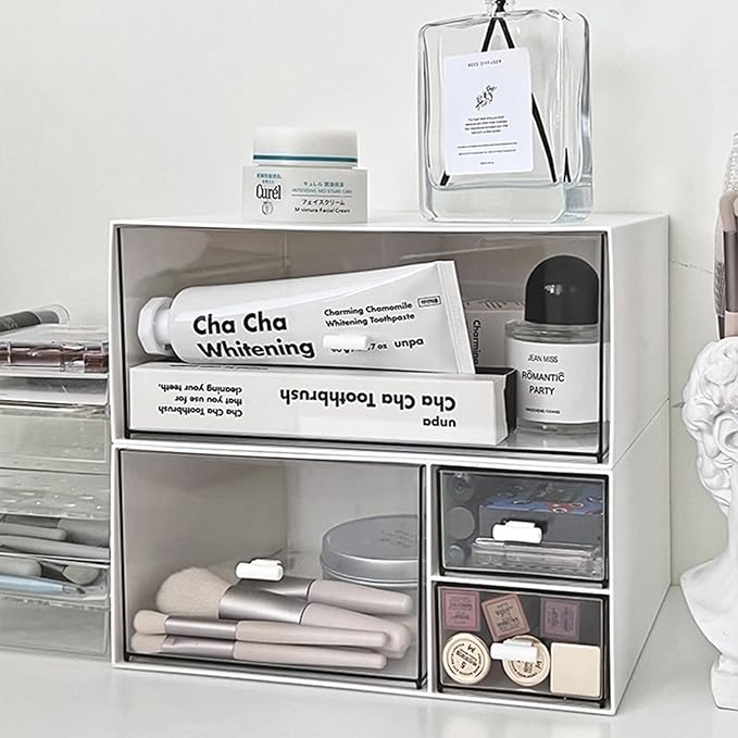 Desk Drawer Organizer, Stackable Storage Drawers, Plastic White Desk Organizers Great for Makeup Storage Bathroom Organization Accessories Etc - Large 1 Drawers (White)