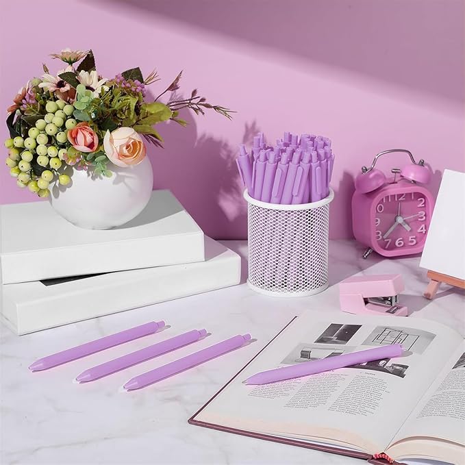 Teling 100 Pcs Ballpoint Pens Retractable Comfortable Cute Stylish Writing Pens in Medium Point 1.0 mm for Office Supplies(Light Purple)