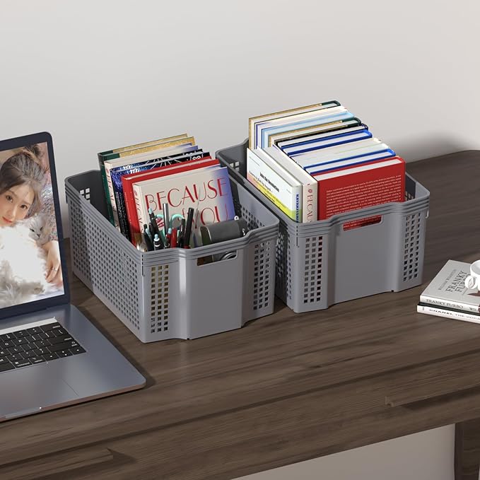 12-Pack Large Plastic Storage Baskets, Deep Stacking Storage Basket Bin, Open Cupboard Basket for Pantry, Grey