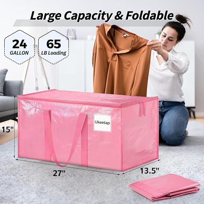 8 Pack Extra Large Heavy Duty Moving Bags, Pink Storage Bins with Lids, Reinforced Handles & Heavy-Duty Zippers Moving Boxes Storage Bags Totes for Clothes Packing, Dorms, College Supplies, Pink