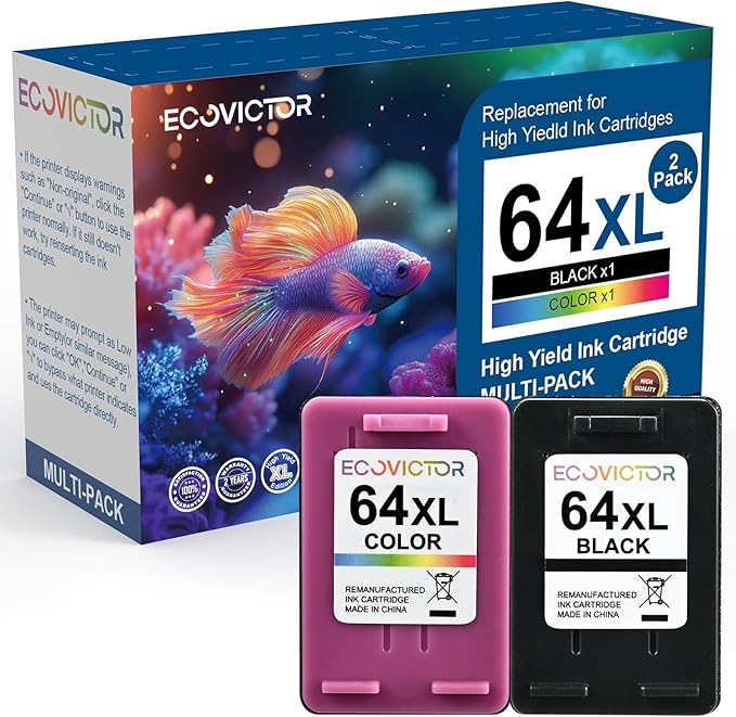 Remanufactured 64XL Ink Cartridges Black/Color Replacement for HP 64XL Ink Cartridge Combo Pack HP Ink 64 for Envy 7855 7858 7155 7800 6252 6255 7100 7164 7200e 7955e 7900e Tango X Printer