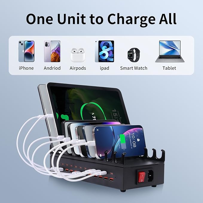 300W Charging Station for Multiple Devices - 24 Ports USB Fast Charging Station with Smart Power Delivery - Kindle, Phone, Tablet Charger Station for Home, Office, School