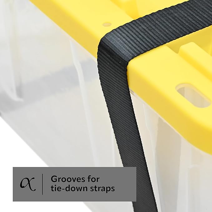 CX BLACK & YELLOW, 27-Gallon Heavy Duty Clear Storage Container & Snap-Tight Lid, Clear & Yellow (14.3H x 20.6W x 30.6D), Weather-Resistant, Stackable, See-Through Organization Tote [4 Pack]