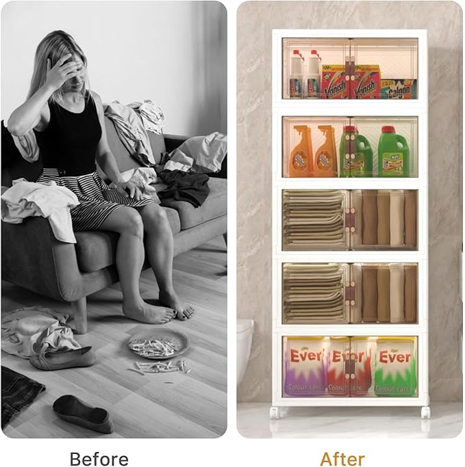 Extra Large Stackable Storage Bins with Lids & Wheels, Foldable Collapsible Closet Organizers Storage Cabinet with Doors for Bedroom Dorm (White, 360QT-120QT/30GAL*3Pack)