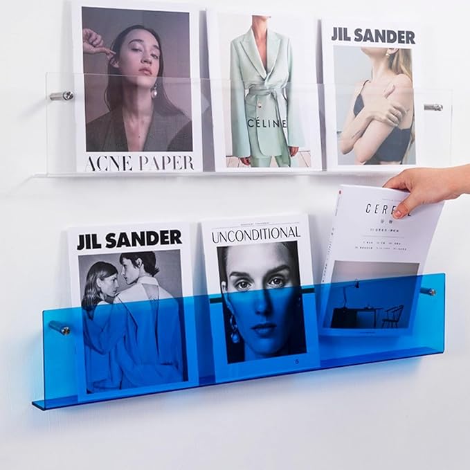 ROYALITA 2-Pack Acrylic Magazine Holder Brochure Holder, 24" Record Holder Magazine Rack, Fashion Hanging Bookshelf Literature Storage Rack for Waiting Room, Living Room, Office, Blue, 24 Inch