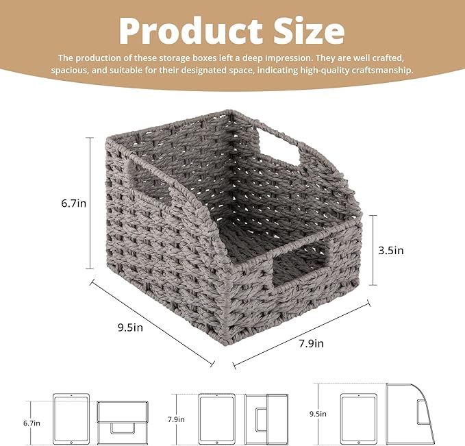 OIAHOMY Pantry Baskets for Organizing, Paper Rope Baskets with Built-in Handles, Wicker Storage Bins for Shelves, 2 Pack-Grey