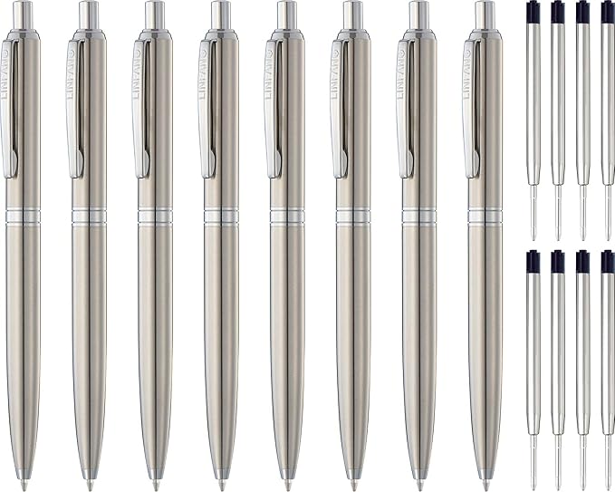 LINFANC 8 Pack Ballpoint Pens, Premium Retractable Metal Ballpoint Pen, Medium Point 1.0mm Black Ink Pen for Home School Work Office Supplies, Stainless Steel Trim, Extra 8 Refills