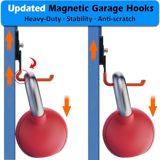 MUTUACTOR New Updated Super Strong Magnetic Hooks,40lbs Anti-Scratch Large Garage Hooks for Hanging,2-Pack Magnetic Hooks Heavy Duty for Organizing Heavy Impact Drivers Trailer Cord Garden Tool Box