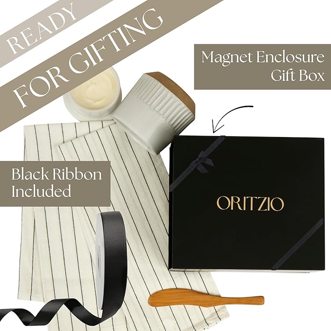 French Butter Crock Gift Set –Housewarming Gift, Gift for Foodie, Holiday Gift, Corporate Gift, Gift for Kitchen |Ceramic Butter Keeper Gift Set with Tea Towels & Olivewood Spreader in Gift Box