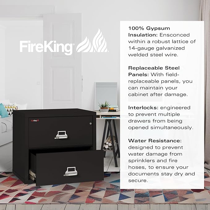 FireKing Fireproof Lateral File Cabinet (2 Drawers, Impact Resistant, Water Resistant), 27.75" H x 31.19" W x 22.13" D, Black