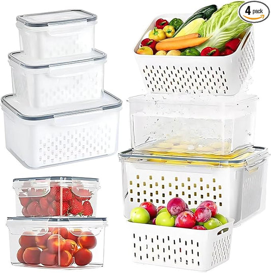 4 PCS Fruit Containers for Fridge, Leakproof fruit storage containers for fridge with Removable Colander