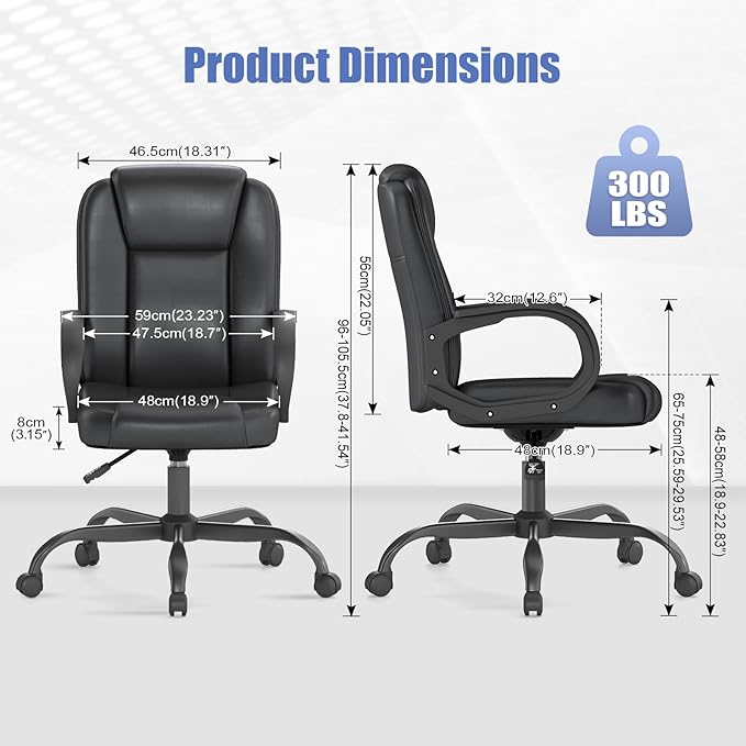 ZZH Executive Office Chair, Leather Desk Computer Chair with Armrests, Mid-Back Swivel Adjustable for Home Office, 4PC, Black