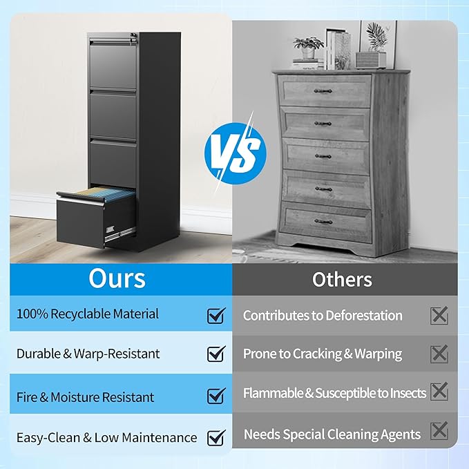 Metal File Cabinet 4 Drawers, Vertical Filing Cabinet for Home Office, File Cabinets with Lock for Legal Letter Size Hanging File Folders Storage Cabinet, (Black)