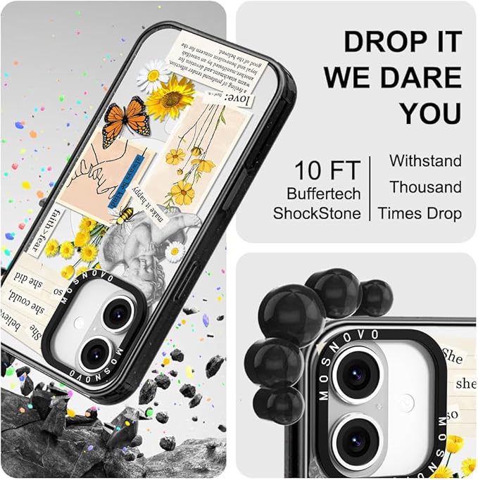 MOSNOVO Magnetic Case for iPhone 16, 10ft Military-Grade Protection, Compatible with Magsafe, Shockproof Phone Case for iPhone 16 - Vintage Collage Art - Clear Black