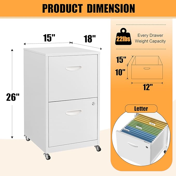 2 Drawer Mobile File Cabinet with Lock, Metal Filing Cabinets with Wheels, White Rolling Storage Cabinet, Under Desk Vertical File Cabinet for Home Office, Lockable Steel Two Drawer for Letter Size