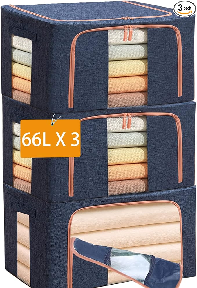 Large Storage Bags,Foldable Storage Bins with Hold Shape Metal Frame,Closet Organizer Containers with Zipper,Clear Window,Thick Fabric for Seasonal Clothing,Bedding (66L x 3 Pack)