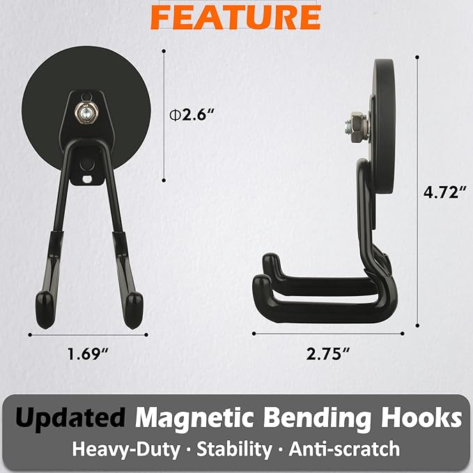 MUTUACTOR New Upgraded Strong Magnetic Hooks,2-Pack Unique Heavy Duty Magnetic Hook for Hanging,20lbs Anti-Scratch Magnet Storage Hook for Storing Cordless Impact Drivers Trailer Cord Garage Tools