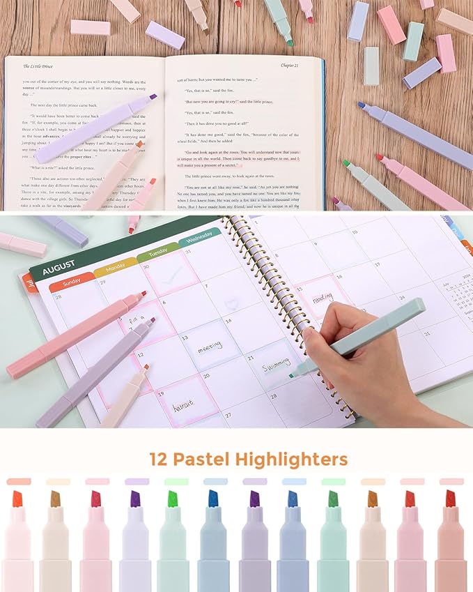 SKYDUE Cute School Supplies 44 PCS, Aesthetic Pencil Case with 12 Pastel Highlighters, 5 Black Gel Pens, 6 Color Gel Pens & Mechanical Pencils, College Essentials Students Stationary Set Purple