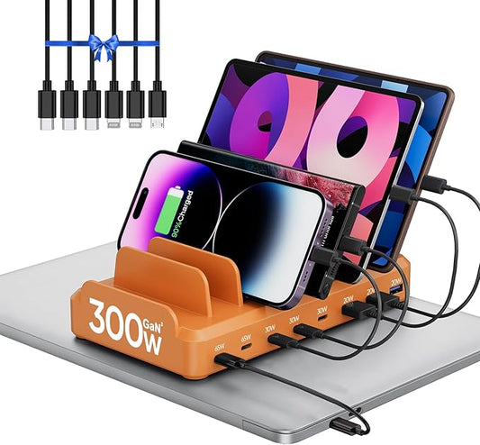 300W Charging Station for Multiple Devices, 8 Port Multi USB C Fast Charger Station Dock for MacBook iPhone 16/15/14/13/12 Samsung Pixel Series iPad, Orange (6 Mixed Short Cables Included)