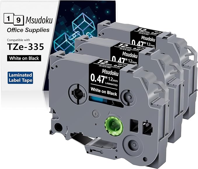 Tze Tz Tape 12mm 0.47 Laminated Black Compatible for Brother P Touch Label Maker Tape TZe-335 TZe335 Label Tape for PT D200 D210 D220 D400 Cube, White on Black, 1/2 Inch x 26.2 Feet, 3-Pack