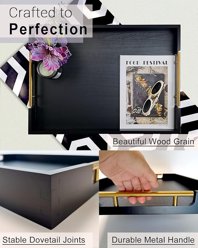 22 Inch Rectangle Black Ottoman Tray with Gold Metal Handles, Extra Large Wooden Serving Tray for Living Room, Coffee Table, Kitchen & Hosting