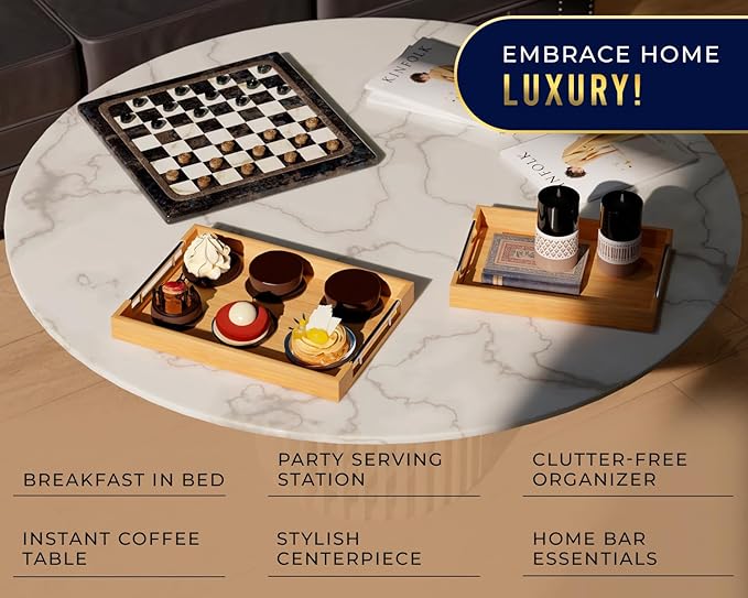 Decorative Bamboo Serving Trays with Silver Stainless Steel Handles – 2-Piece Set for Coffee Table, Ottoman, Breakfast in Bed, Jewelry & Decor Organization – 12"x17" – Pure Bamboo Finish