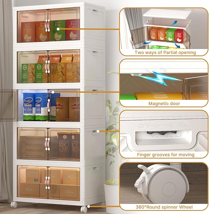 Extra Large Stackable Storage Bins with Lids & Wheels, Foldable Collapsible Closet Organizers Storage Cabinet with Doors for Bedroom Dorm (White, 672QT-168QT/42GAL*4Pack)
