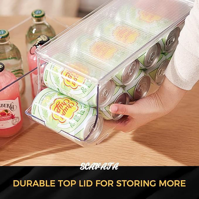 2 Pack Soda Can Organizer for Refrigerator, Stackable Canned Food Pop Cans Container Can Holder Dispenser with Lid for Fridge Rack Freezer, Clear Storage Bins-Holds 12 Cans Each (Clear)