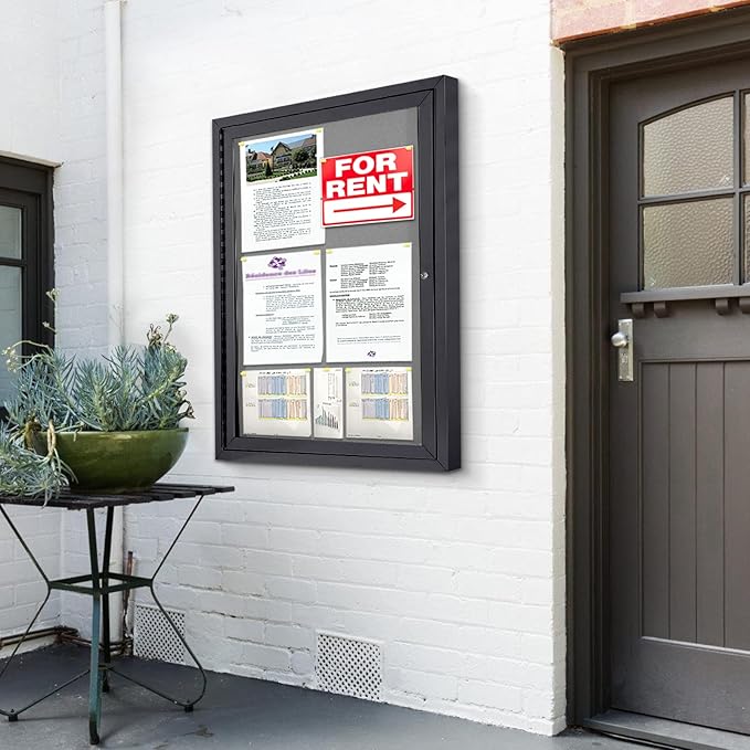 Enclosed Bulletin Board Outdoor Noticeboard with Locking Door, Weather-Resistant, Grey Felt, Black Aluminum Frame, 36 x 24 in