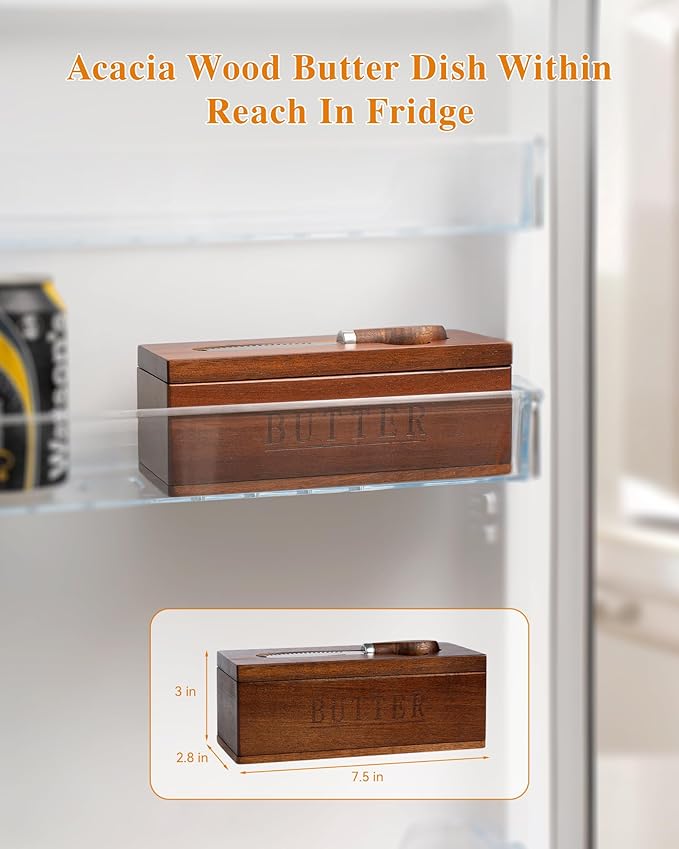 Butter Dish with Magnetic Lid, Acacia Wood Butter Keeper With Knife, Detachable Butter Container With Cover For Countertop Refrigerator