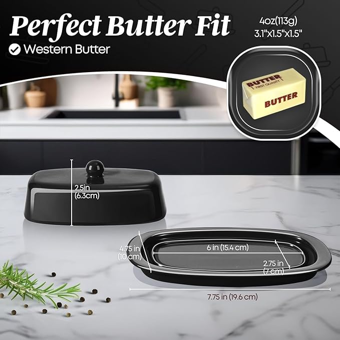 Flexzion Ceramic Black European Butter Dish with Lid for Countertop (7 Inch) - 1 Stick Butter Holder for Counter, Cream Cheese Container Storage Keeper