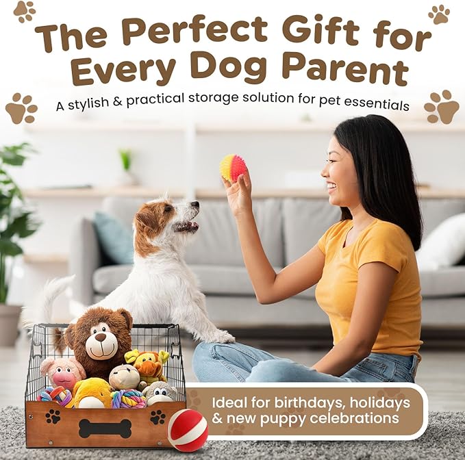 Dog Toy Basket Large – Metal & Wood Dog Toy Bin, Trapezoidal Dog Toy Box with Wide Opening, Farmhouse Dog Toy Storage Organizer for Blankets, Leashes & Accessories, Stylish Basket for Dog Toys