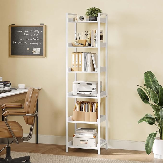 Rolanstar Bookshelf, 6-Tier Storage Rack, Narrow Corner Bookshelf, Display Wooden Shelves for Living Room, Bathroom, Balcony, Kitchen,White