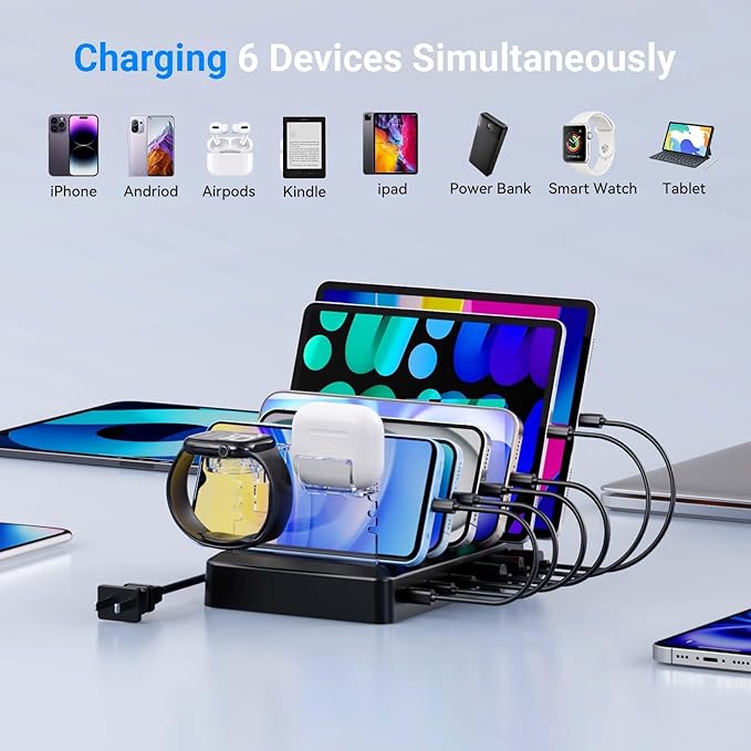 Catlyn Charging Station for Multiple Devices, 6-Port 90W Fast Charger Stations with 8 Mixed Charger Cables Organizer Dock,Compatible for Cell Phone