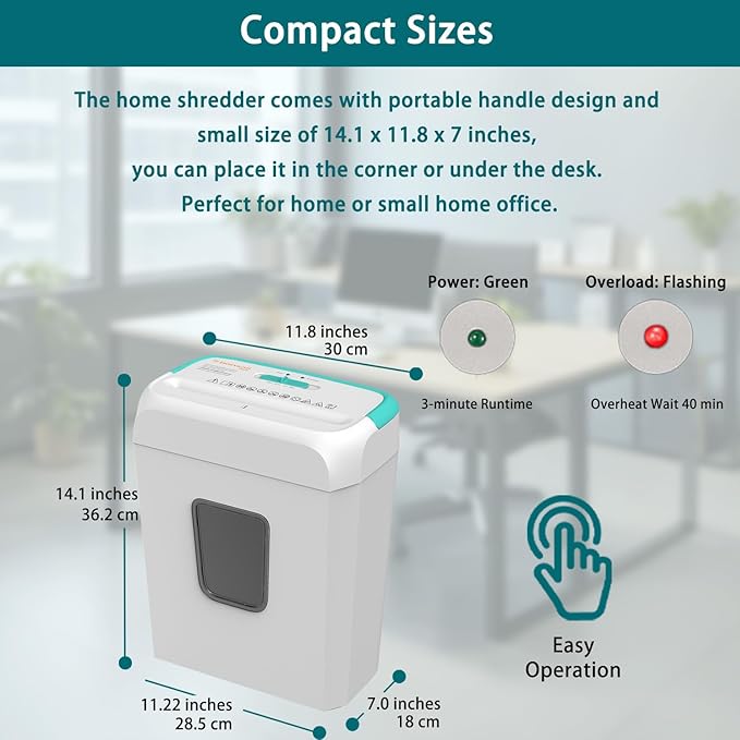 Bonsaii Secure Shredder, Home Office Shredder, high Security, 6-Sheet, Cross-Cut shredding for documents, Mail, Staples, Credit Cards, Equipped Convenient Handle, 3.4-Gallon Wastebasket, White & Blue