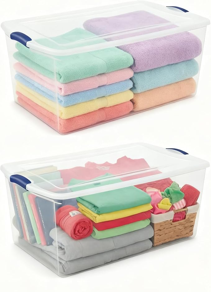 2-Pack 105 Quart Heavy Duty Plastic Storage Bins, Stackable Containers with Clear Lids & Blue Latches for Bedding, Clothing, Holiday Decor - Ideal for Garage & Closet