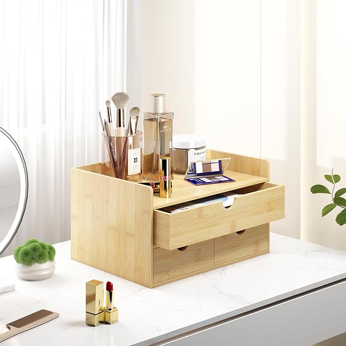 Desk Organizer With Drawers - Bamboo Wood Desktop Mail Organizer Storage Box for Office Home Bathroom Vanity Dresser Top, No Assembly Required (3 Drawers)