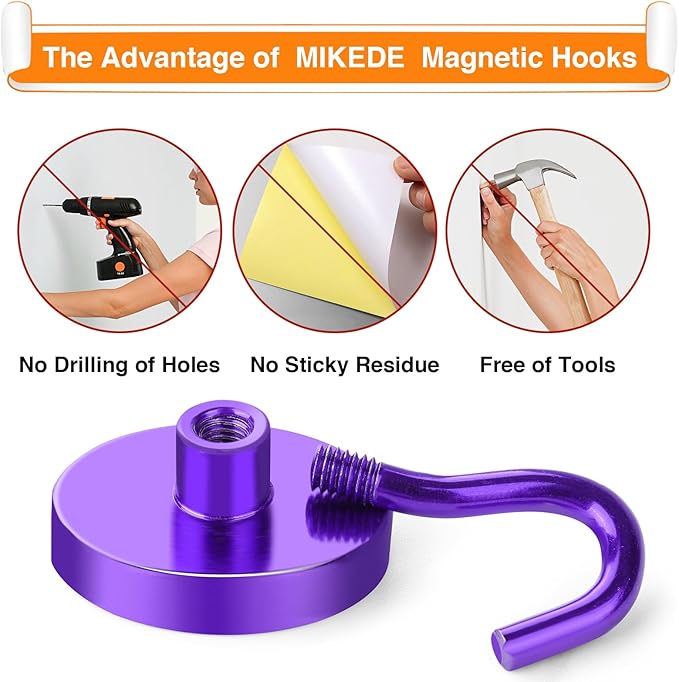 MIKEDE Strong Magnetic Hooks, 120Lbs Heavy Duty Magnetic Hooks for Cruise, Neodymium Earth Magnets with Hooks for Hanging, Super Metal Industrial Magnets for Grill, Storage (Purple,10 Pack)