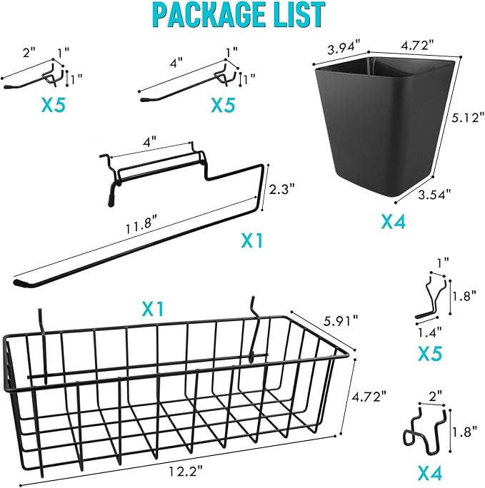 G.CORE Peg Board Organizer 21 Pack, Pegboard Accessories with Baskets Cups Hooks - 1/8" & 1/4" Peg Board Wall Tool Organizers, Utility Holders & Hangers for Garage Craft Workbench (Black & Black)